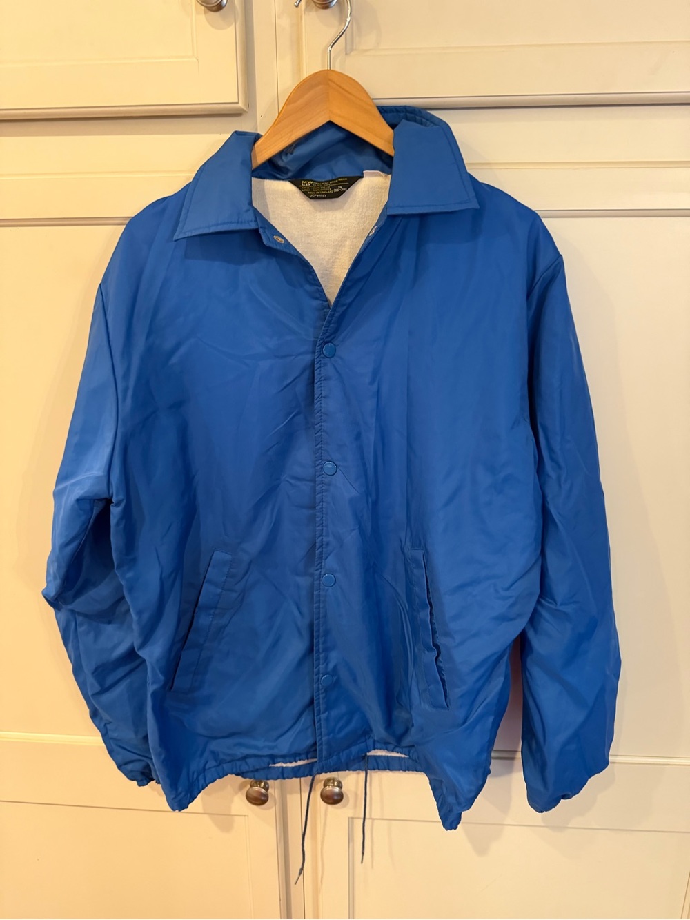 Vintage JCPenney Blue Snap Drawstring Coach Jacket Lined Windbreaker